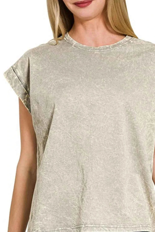 Zenana Crinkle Washed Round Neck Folded Short Sleeve Tee 98ef92aa-148b-4d89-ae09-facbe18175ae-Max-Origin