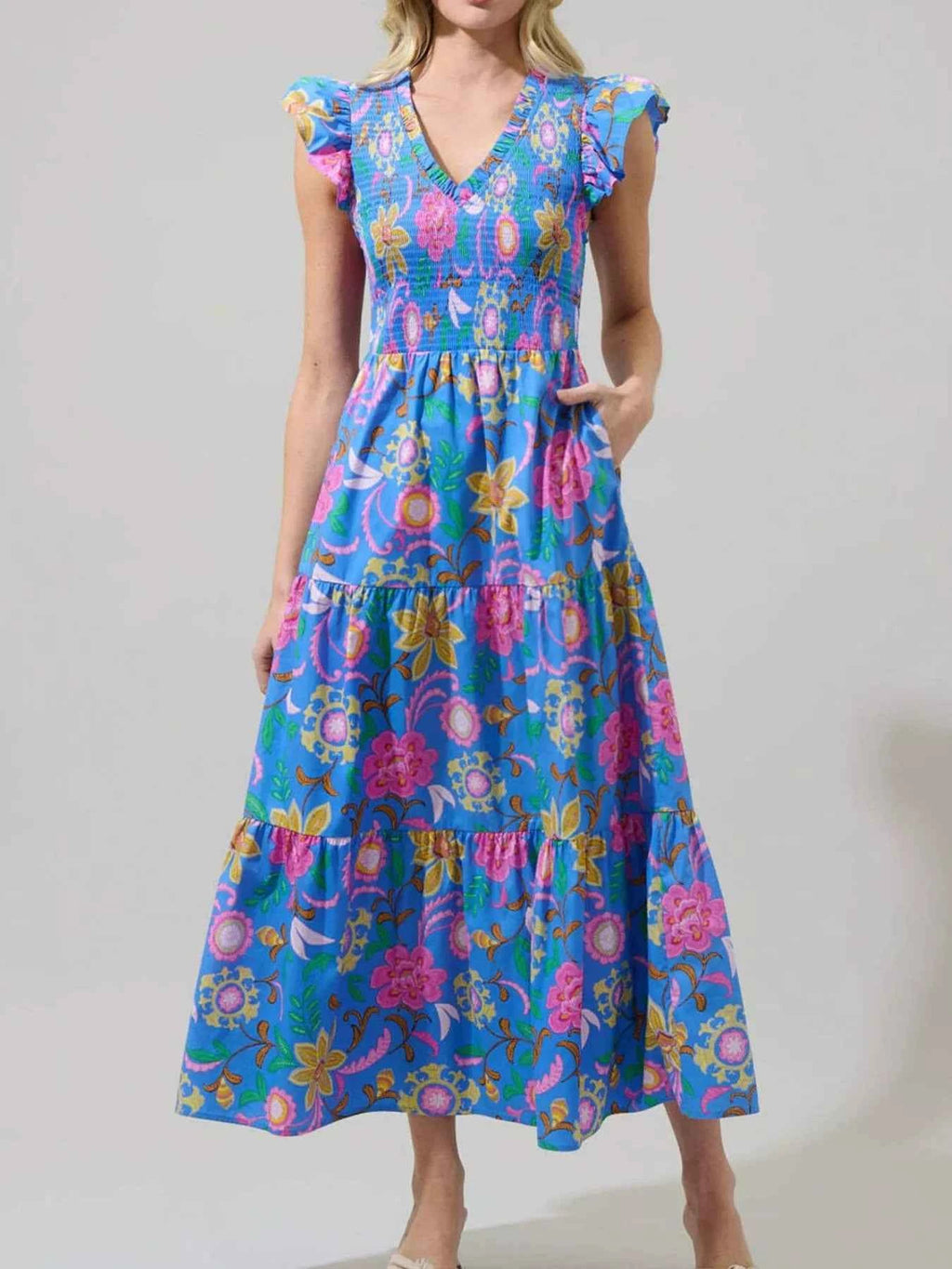 Ruffled V-Neck Tiered Midi Dress Royal Blue 98f7ca60-7607-4da7-b2a7-49814c215585-Max-Origin