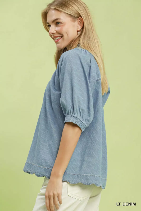 Textured Puff Sleeve Scallop Hem Blouse 98f8394c-2d90-49a8-88b3-cb16a660c4ff-Max-Origin