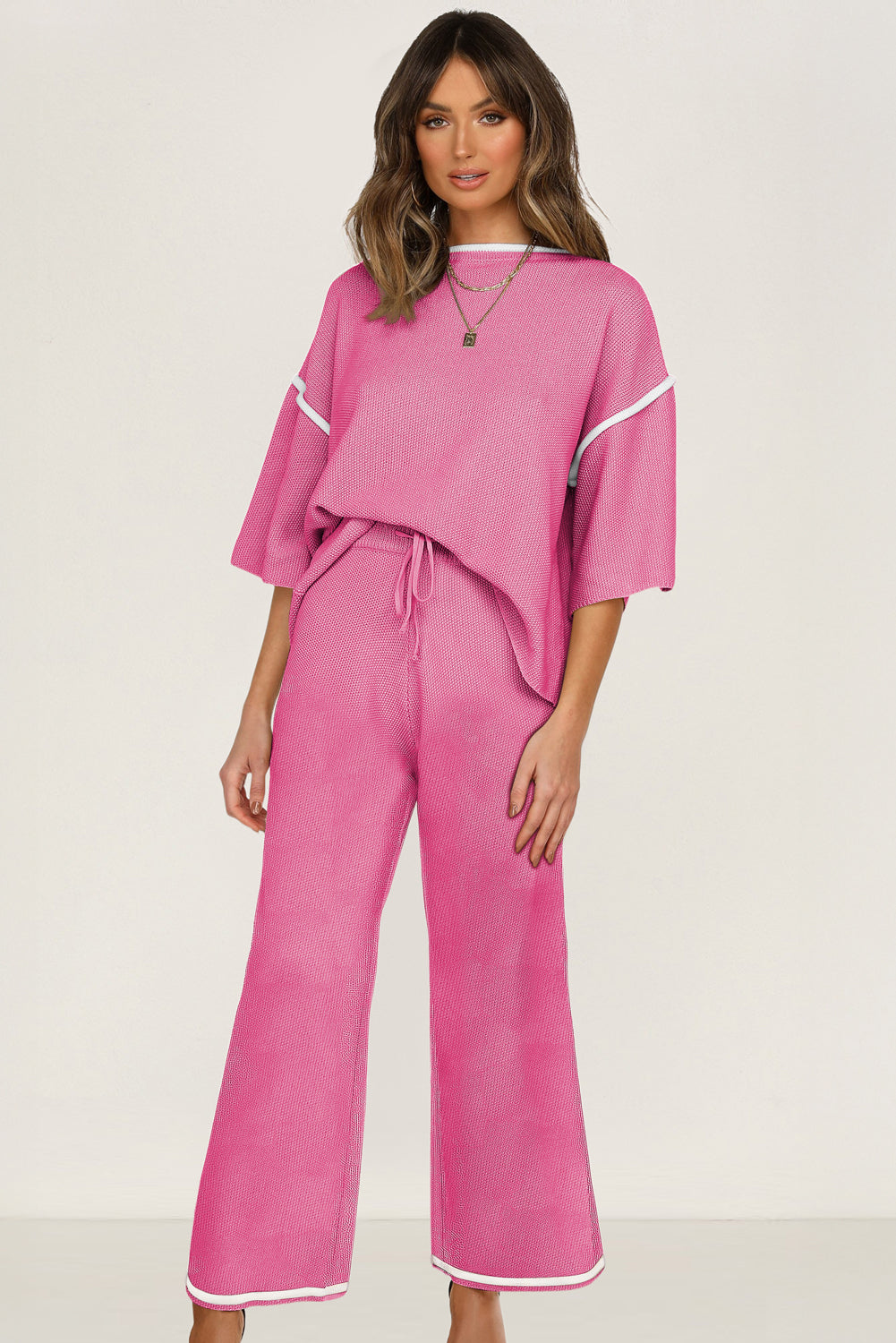 Black Loose Contrast Trim Half Sleeve Top and Drawstring Pants Set 98fa64b94c71d9d7