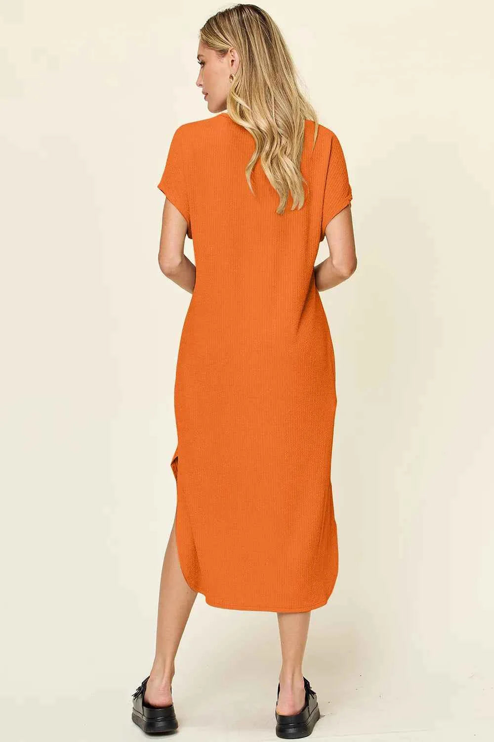Double Take Full Size Round Neck Short Sleeve Slit Dress 98fb8b64-a6e4-4258-b00e-9f892519dd63-Max