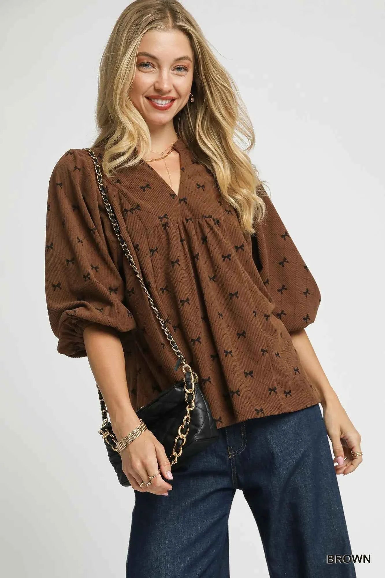 Umgee Corduroy Bow Print Balloon Sleeve Blouse Brown 98fc9ca0-671f-439e-bd17-6b45fd6f9af8-Max-Origin