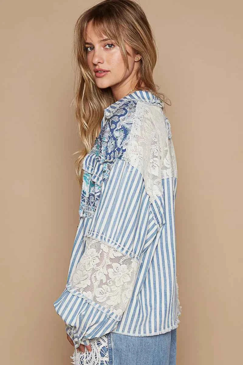 POL Printed Woven Mix Raw Hem Jacket with Lace Detail 98fd62a5-1e13-43d5-90a8-9f8f67ff150c-Max-Origin