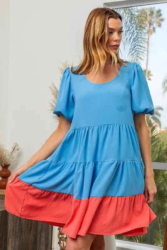BiBi Two-Tone Balloon Sleeves U Neck Tiered Ruffle Hem Mini Dress SKY BLUE CORAL 99034d37d99c4c77b8a475d107c044e1-Max-Origin