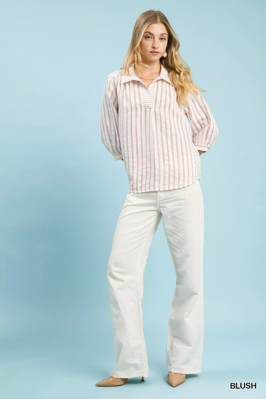 Umgee Striped Collared Neck Blouse 9909ebc6-5010-4371-b0f3-e9afdfc20bc1-Max-Origin