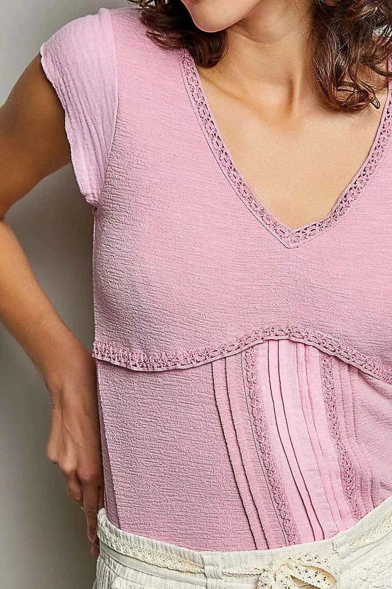 POL V-Neck Lightweight Textured Short Sleeve Knit Top with Lace Trim 990ece52-9820-4d49-995e-922533d044f6-Max-Origin