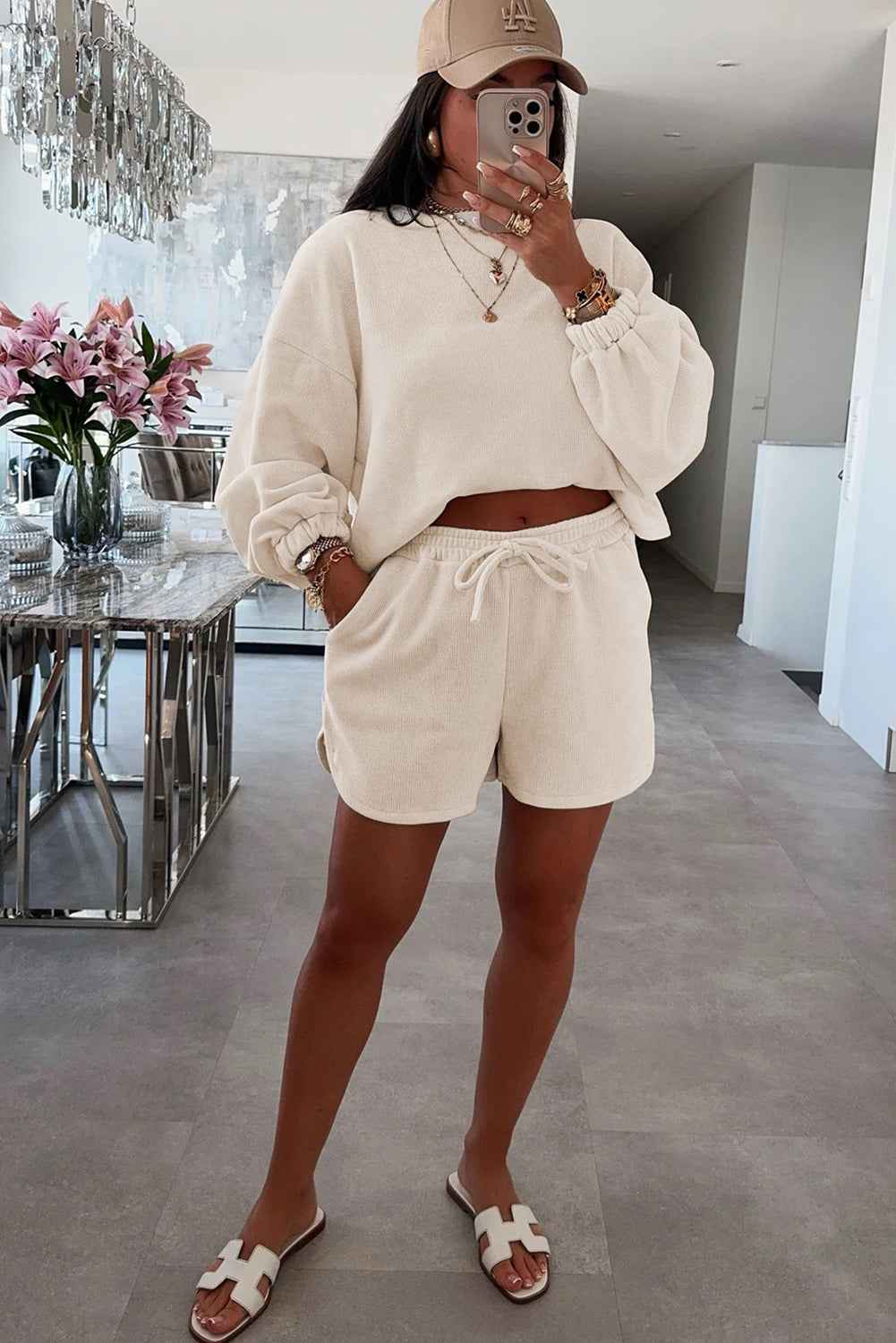 Fushia Textured Knit Drop Shoulder Pullover Drawstring Shorts Set 991299caf3ae4645