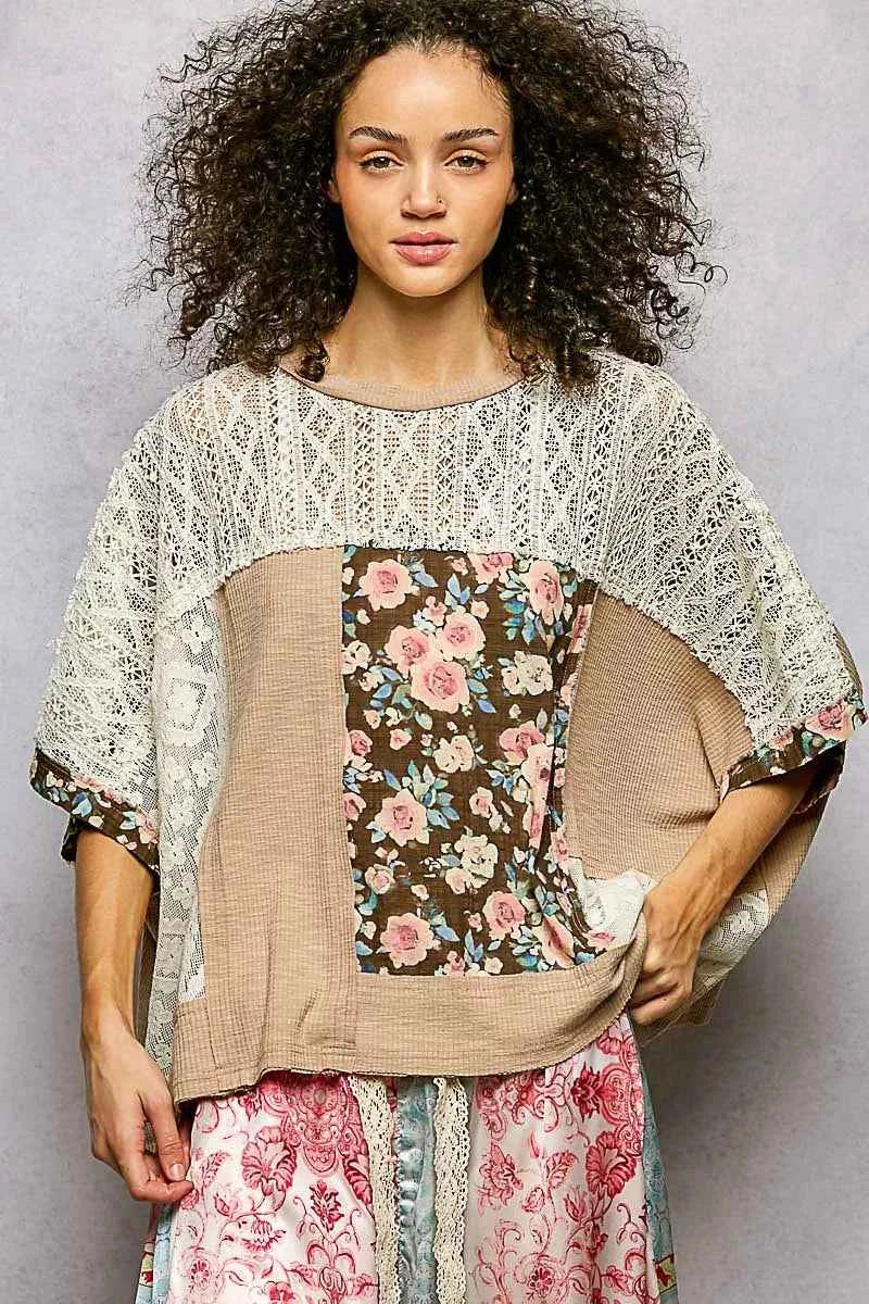 POL Floral Patchwork Lace Accent Blouse DRIED TAUPE 9916b0d6-b1de-49ba-857f-c60f8decebc5-Max-Origin