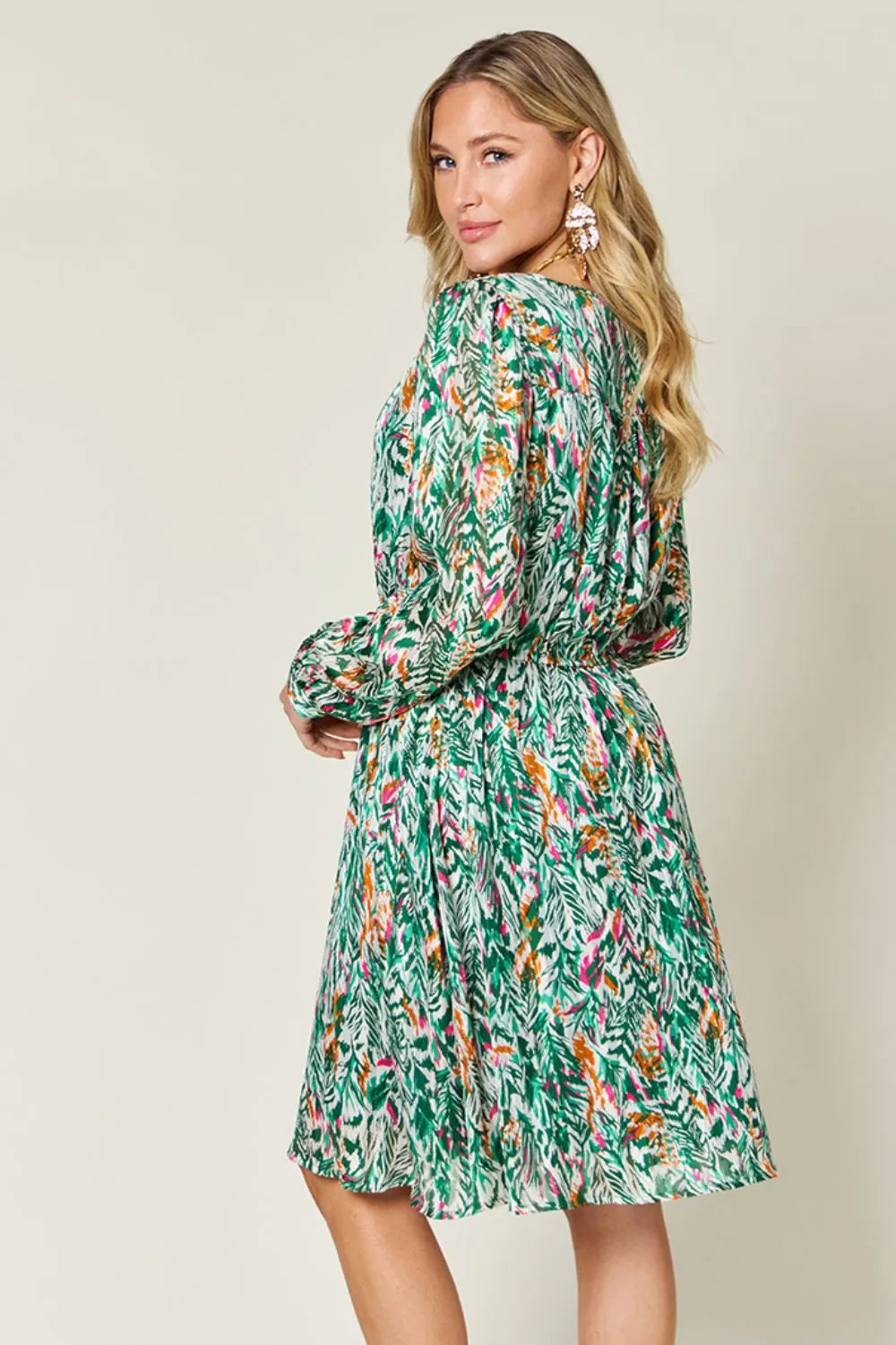 Double Take Full Size Printed Drawstring Waist Long Sleeve Dress 991804c8-aeaa-45a0-bc56-7a0673ef3a67-Max