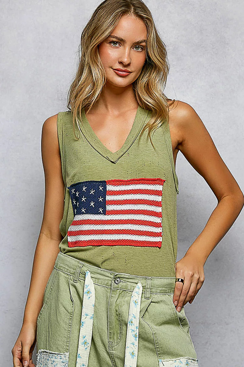 POL V-Neck Ribbed Tank with American Flag Patch and Star Back Patch OLIVE 991b5578-a702-4a70-8abe-d2a1c54e9486-Max-Origin