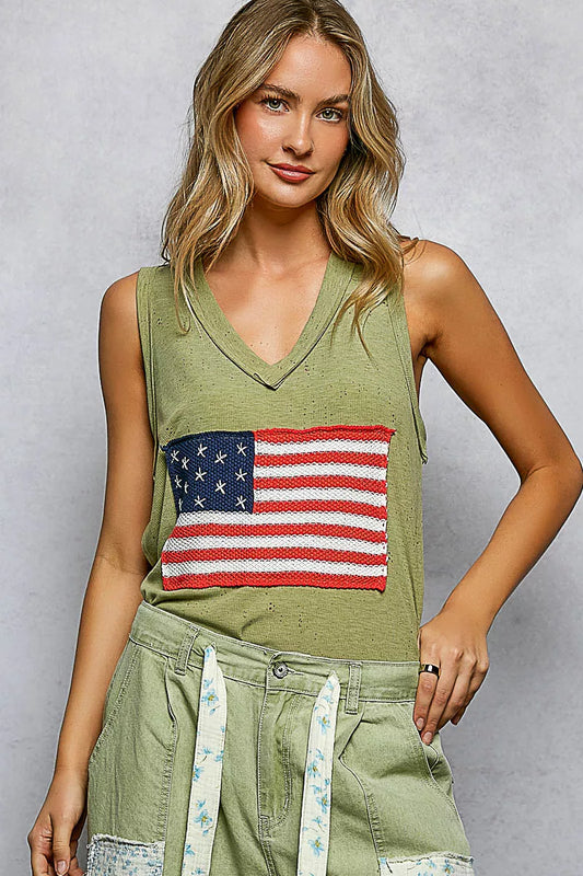 POL V-Neck Ribbed Tank with American Flag Patch and Star Back Patch OLIVE 991b5578-a702-4a70-8abe-d2a1c54e9486-Max-Origin