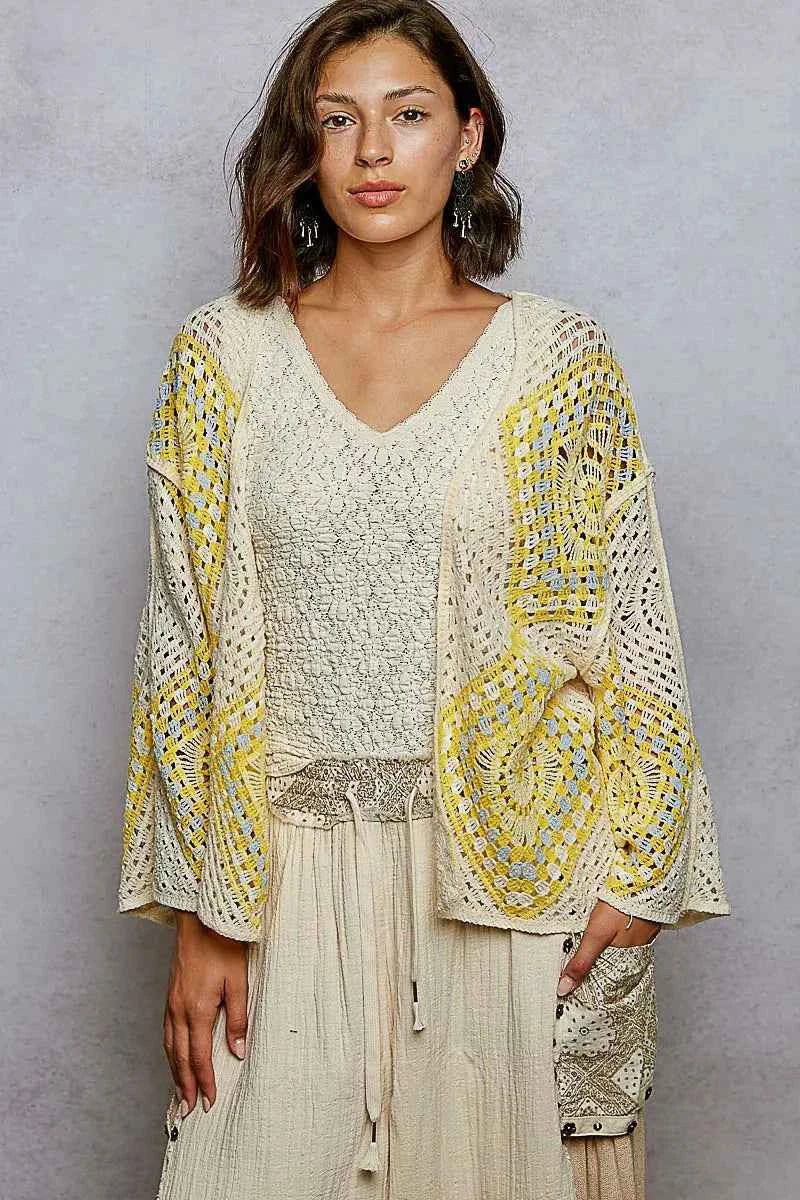 POL Open Front Crochet Cardigan with Granny Square Pattern IVORY YELLOW One Size 991c7810-2eef-4b6a-a6bd-58632397a05f-Max-Origin