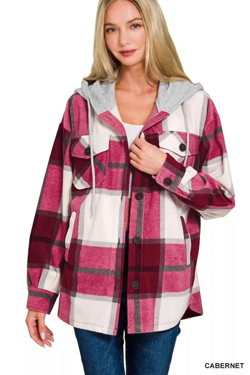 Zenana Plaid Drawstring Hooded Fleece Shacket CABERNET 991d8f02ac5f476591f071a9fc604d4b-Max-Origin