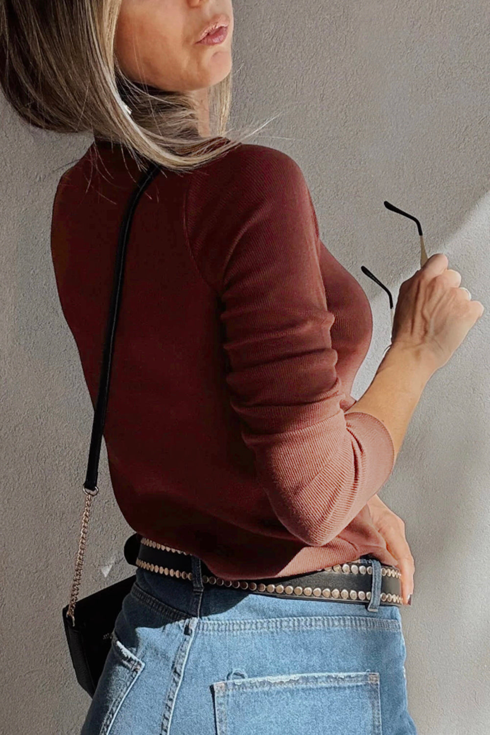 Burgundy Ruched Sweetheart Neck Ribbed Long Sleeve Top 991e93a1fd9f78c7