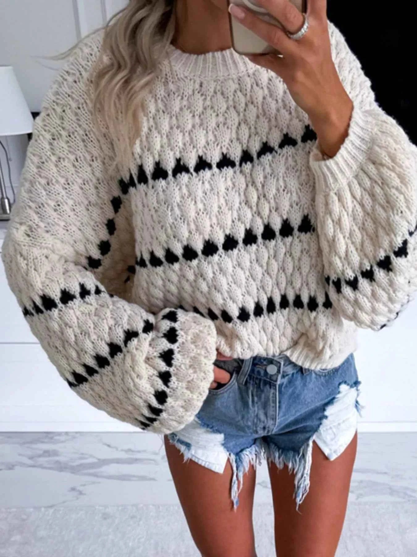 Chunky Knit Striped Sweater with Balloon Sleeves 991fcc12-add5-4ee1-b824-4324c06f02c3-Max-Origin