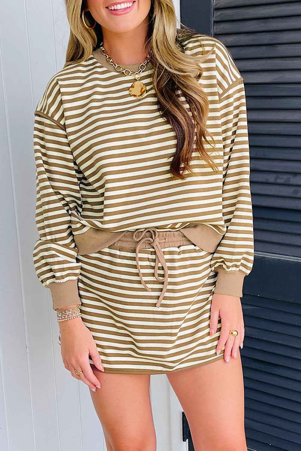 Black Stripe Textured Drop Shoulder Pullover Top Drawstring Mini Skirt Two Piece Dress Set Brown Stripe 97%Polyester+3%Elastane 99273c501d775f29