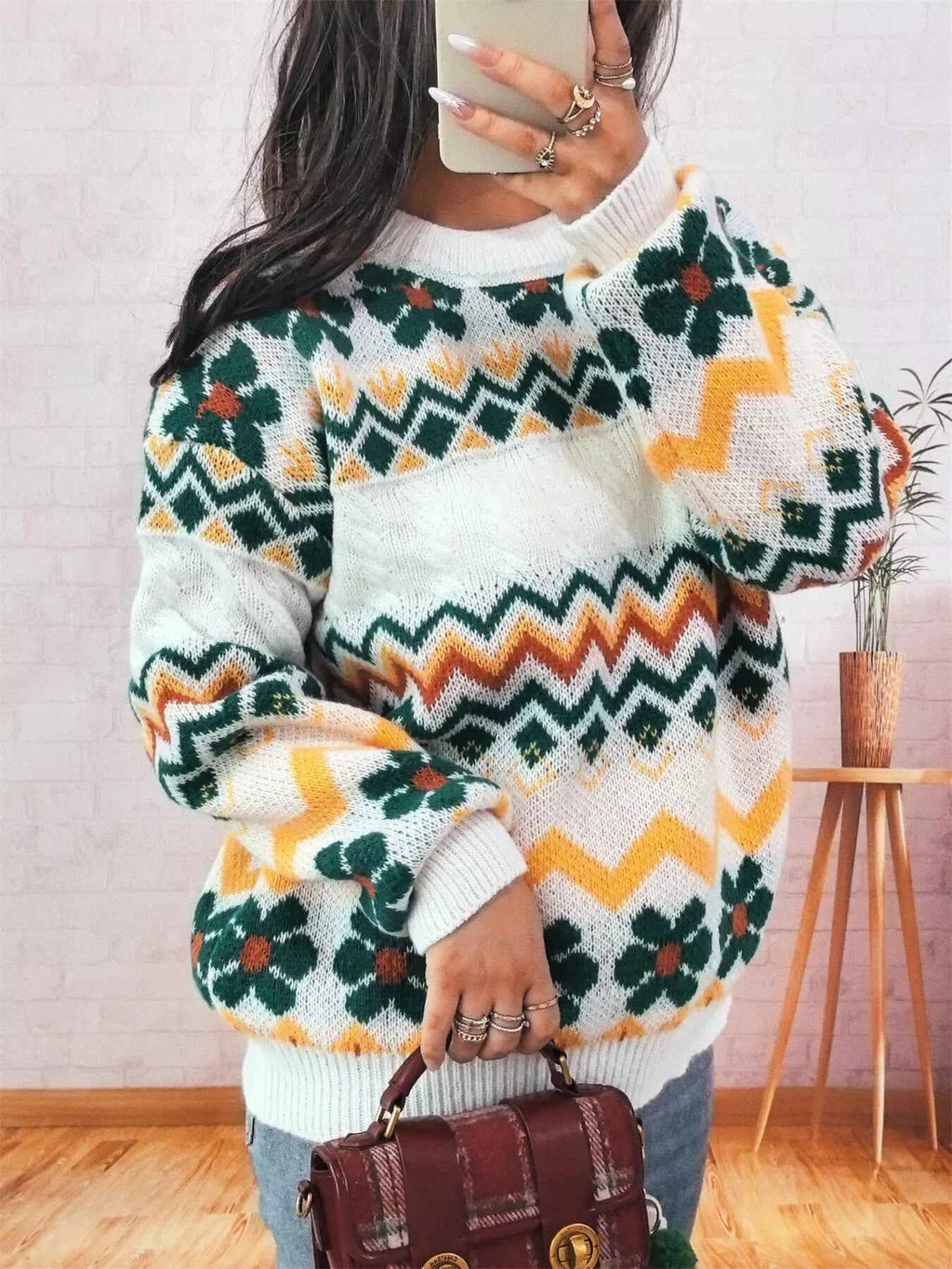 Geometric Round Neck Long Sleeve Sweater 99280cd69d4a47b5ae99f758cc0e1cc7-Max-Origin