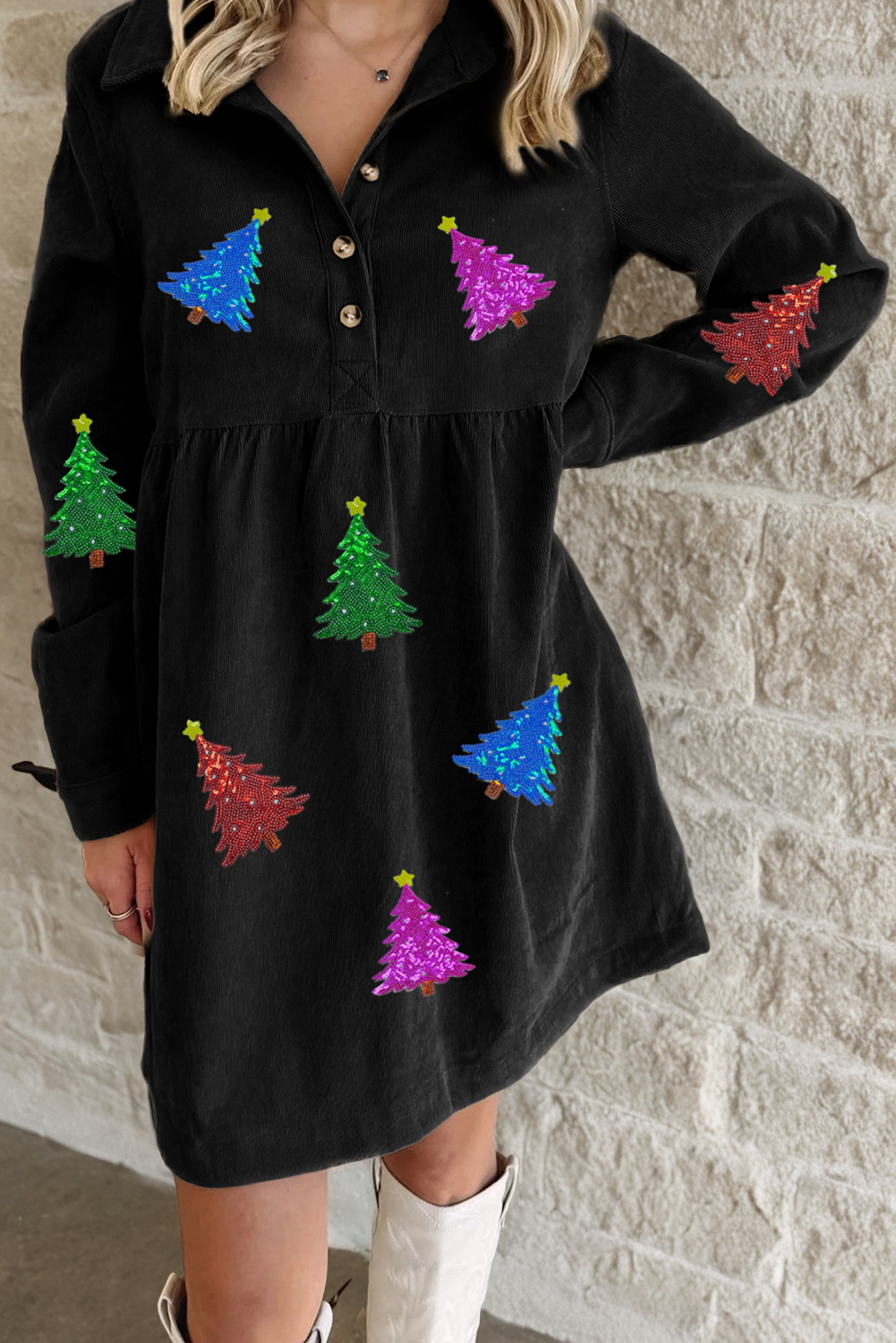 Black Shimmer Christmas Tree Patched Patterned Half Buttons Long Sleeve Dress Black 100%Polyester 9928ae5816842fdc