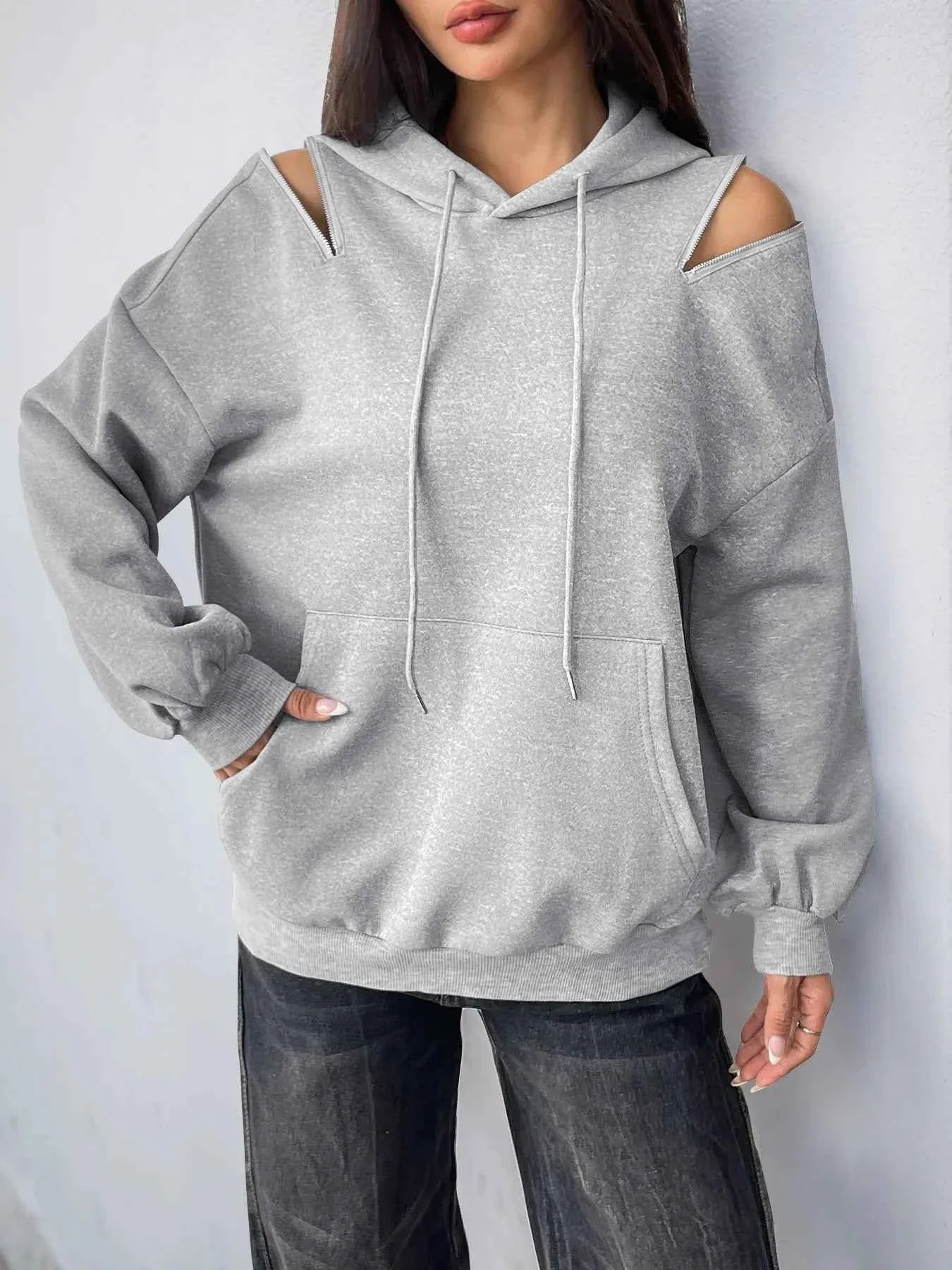 Drawstring Zip Detail Cold Shoulder Hoodie Light Gray 992a448cd6064a57b730be806562412a-Max-Origin