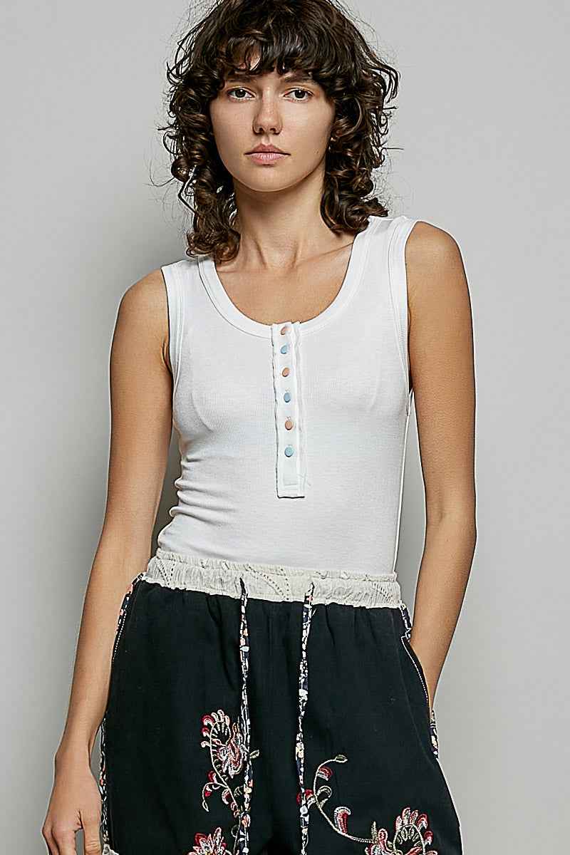 POL Colorful Button Round Neck Ribbed Tank 992b3ef5-95ba-4d08-8f1b-a343f4146b2b-Max