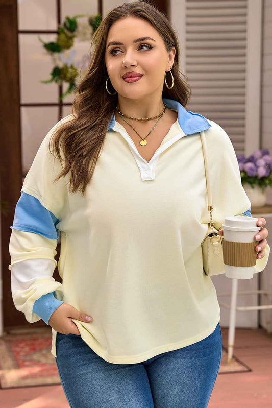 Yellow Cream Raw Seam Color Block Patchwork Plus Size V Neck Pullover Yellow Cream 65%Polyester+35%Cotton 992ce084b09b7068