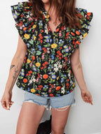 Tiered Flutter Sleeve V Neck Flower Blouse 992dc439a2ca479d805bef8087315582-Max-Origin