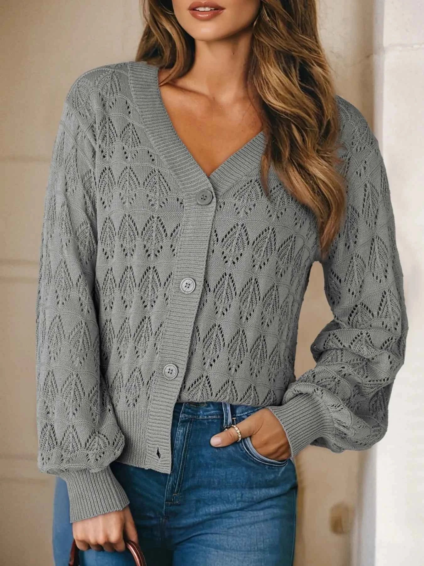 Buttoned Front Openwork Cardigan Gray 992e6c82-5c9b-4644-8194-13a42ef8fc57-Max-Origin