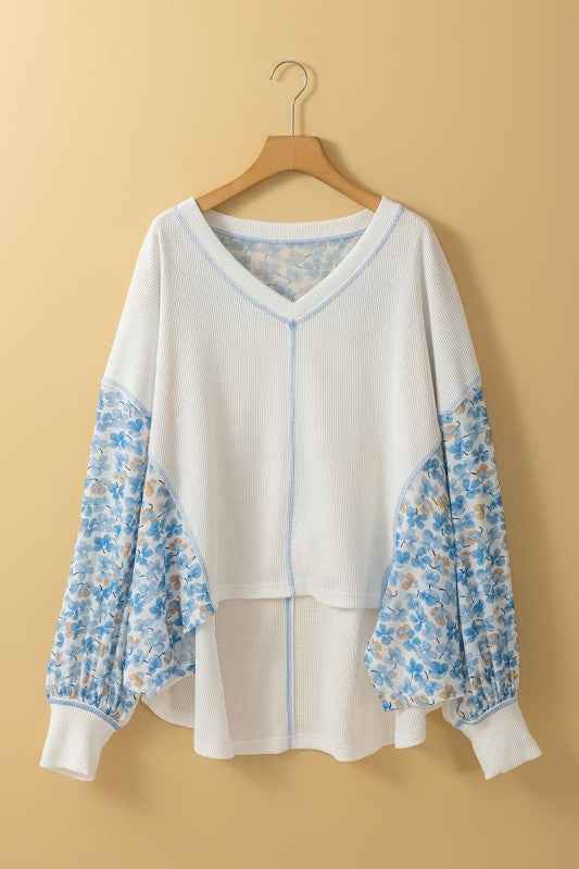 Floral Patchwork Batwing Sleeve V-Neck Blouse 992f3844-e5f0-43c2-9292-4b75bde3752a