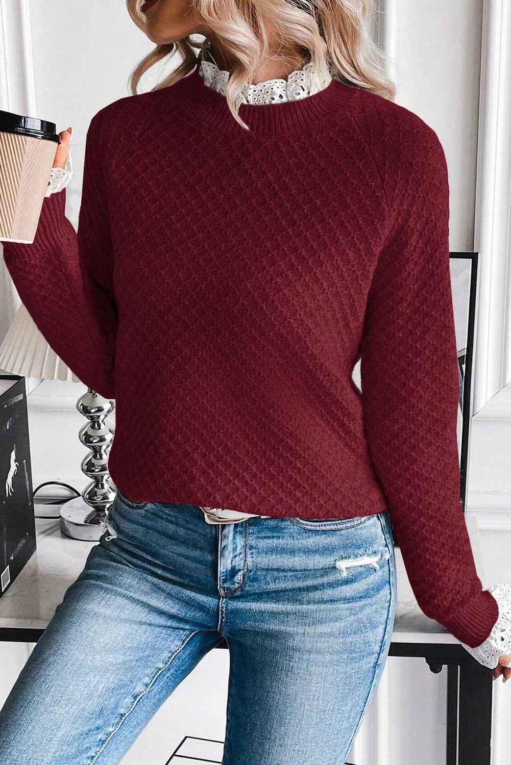 Burgundy Contrast Lace Frill Trim Raglan Sleeve Sweater 99327b8f4da8fd3e