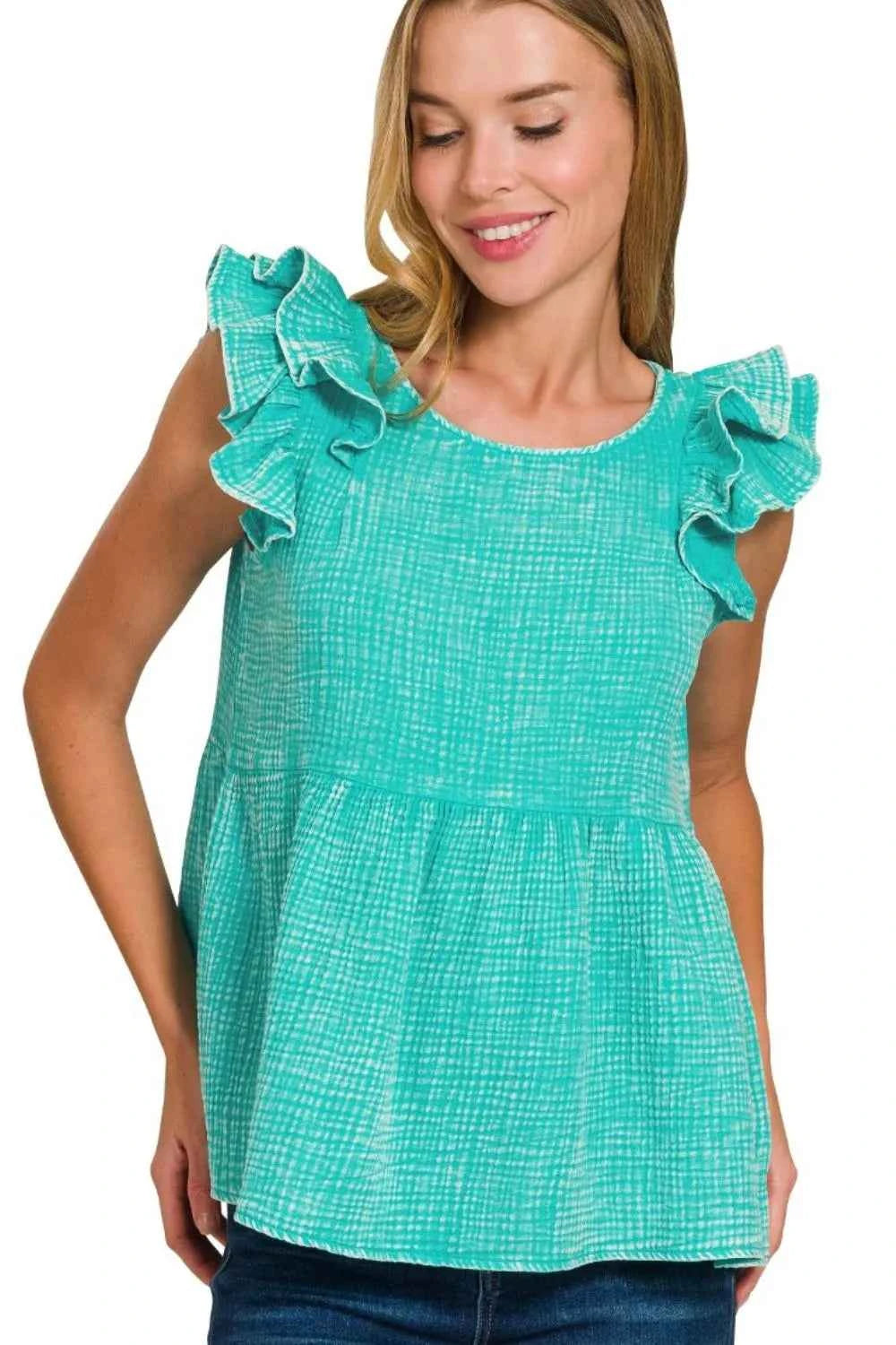 Zenana Double Gauze Acid Washed Tiered Ruffle Peplum Top TURQUOISE 993518ea-eac7-484f-b5e7-dd16064f0d08-Max-Origin
