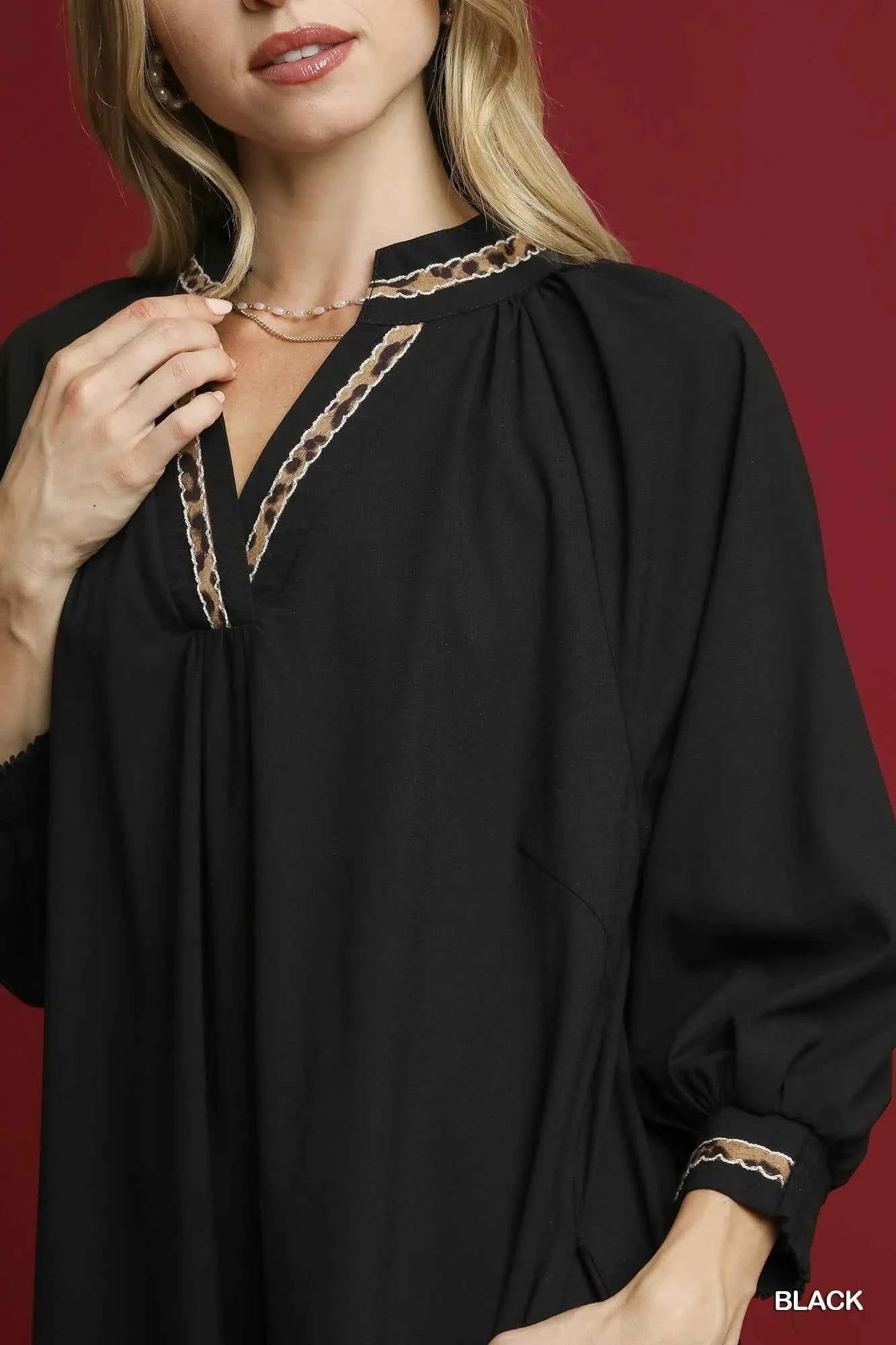 Umgee Notched Shift Dress with Trim Detail 9938e8f8-3670-4134-a08a-f46d2cb1d191-Max-Origin