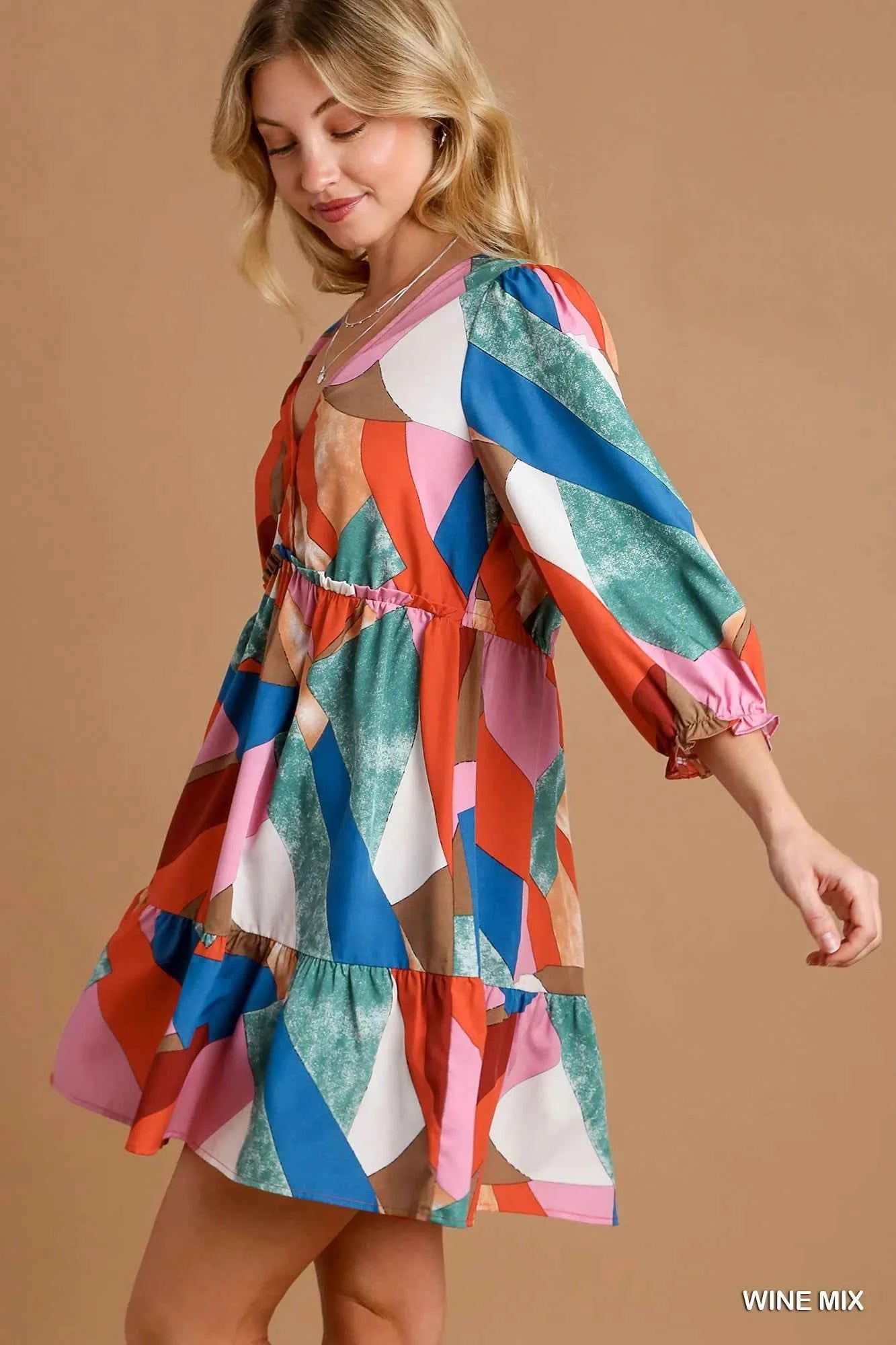 Umgee Abstract V-Neck Tiered Printed Dress 99401de9-cf3b-48e1-87e0-9e348b80a4f1-Max-Origin