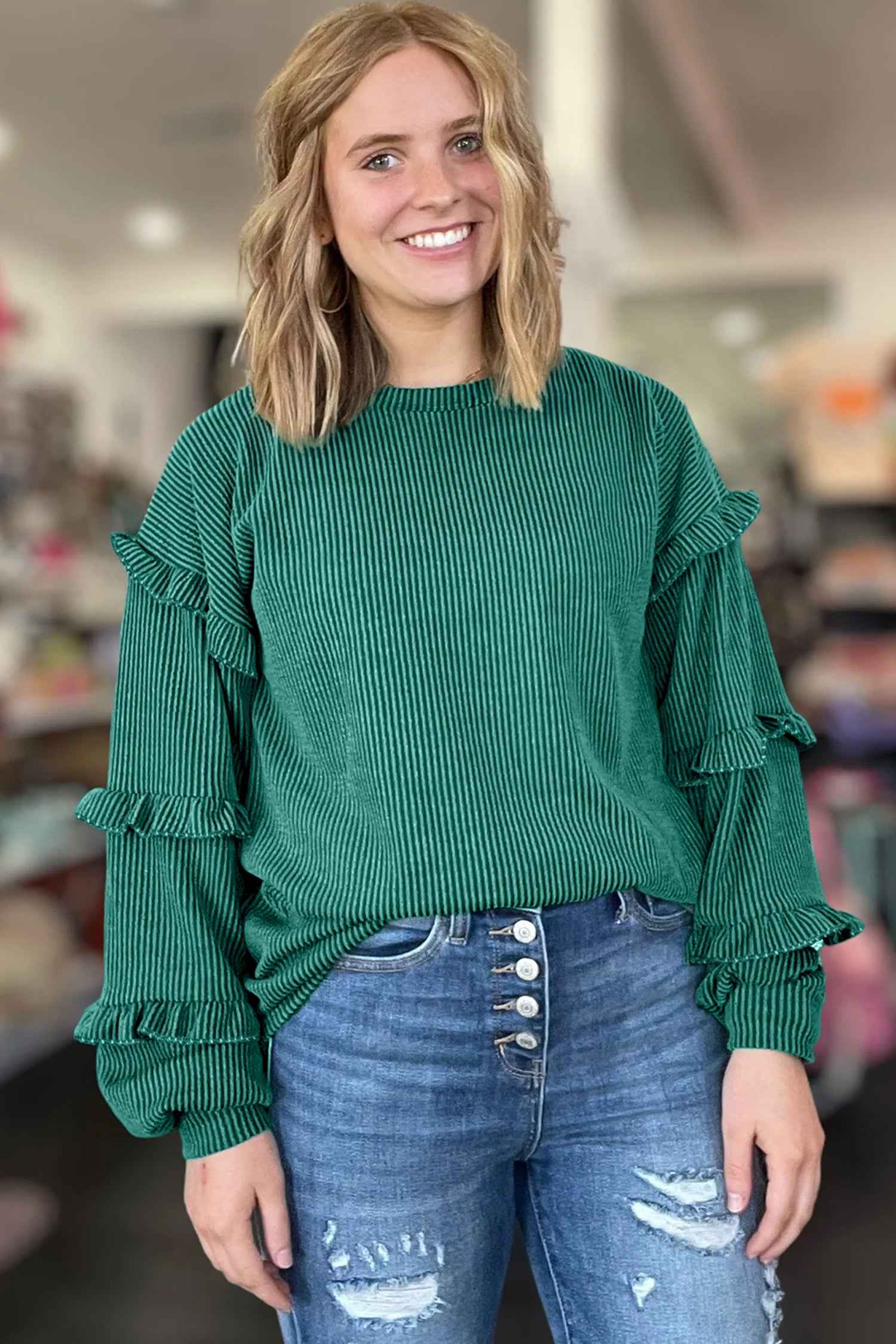 Evergreen Twisted Ribbed Tiered Ruffles Long Sleeve Pullover Top 9944b94ed67ed11f