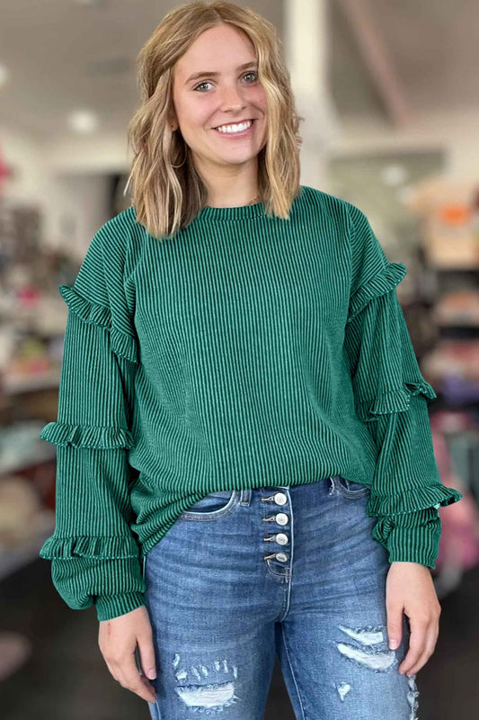 Evergreen Twisted Ribbed Tiered Ruffles Long Sleeve Pullover Top 9944b94ed67ed11f