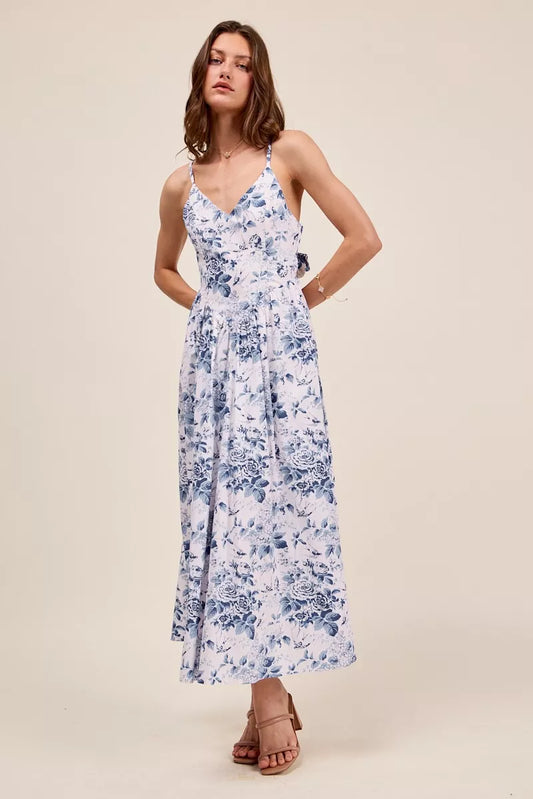 Floral V-Neck Woven Dress with Back Ribbon Tie - 100% Cotton 9945530e-d5b6-48e6-b314-4955fbb46d2d-Max-Origin