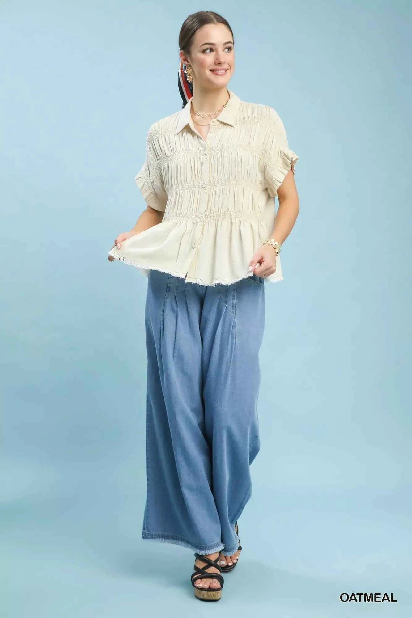 Umgee Washed Linen Blend Smocked Shirt 99457dfe-b011-48a1-86a1-6ff5ea01fcf0-Max-Origin
