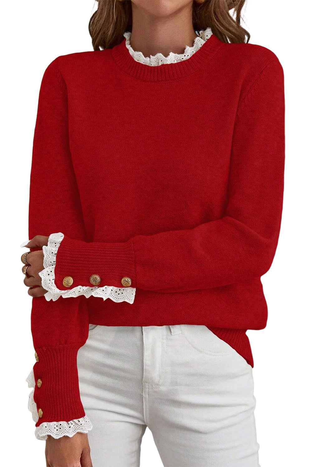 Racing Red Lace Trim Patchwork Buttoned Cuffs Loose Sweater 994ae972ef7f8201
