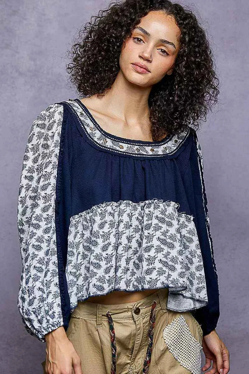POL Paisley Scoop Neck Balloon Sleeve Cropped Blouse with Stud Detail 9951eac3-d268-4d60-9895-fe8cf55b102a-Max-Origin