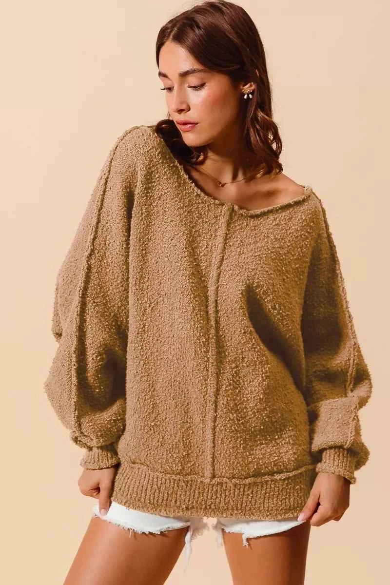 SO ME Loose Fit Exposed Seam Slouchy Boucle Sweater 9953c023280844c59dc2a85b42745222-Max-Origin