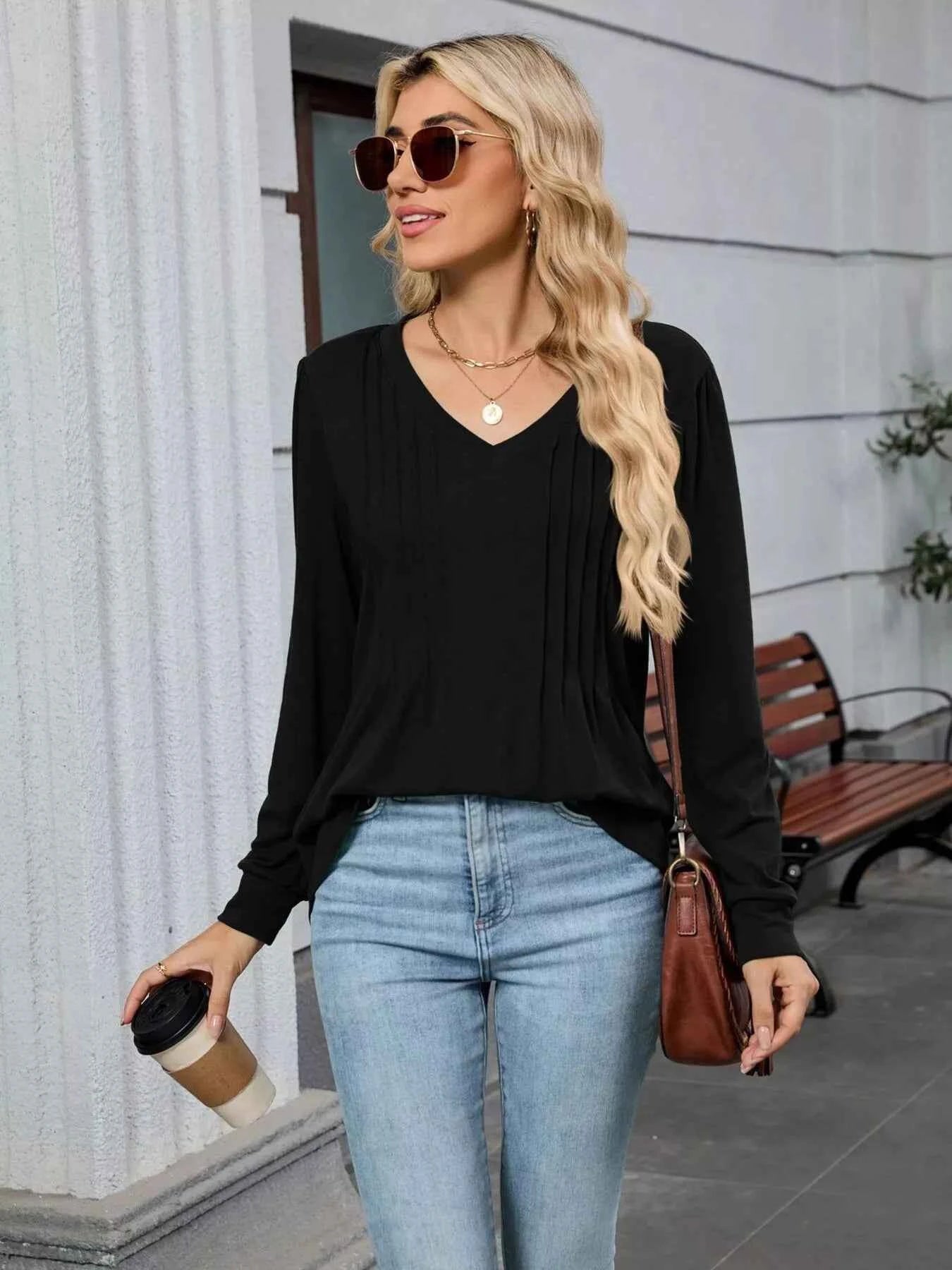 V-Neck Long Sleeve Relaxed Fit T-Shirt