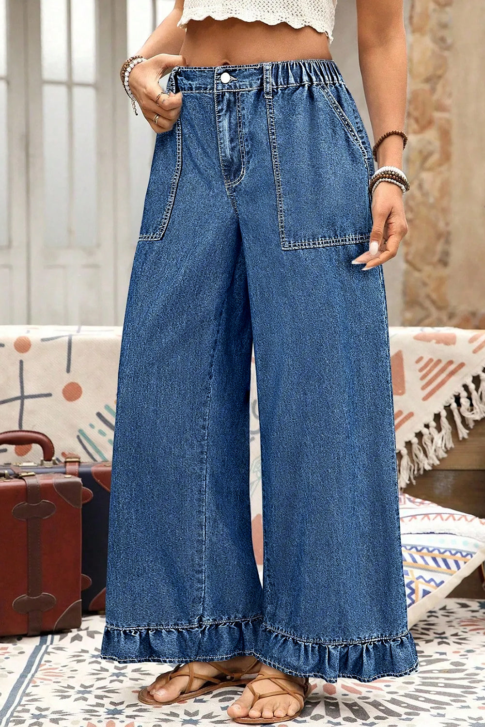 Sail Blue Plus Size Elastic Waist Ruffled Wide Leg Denim Pants 9957b8057fd6fd0d