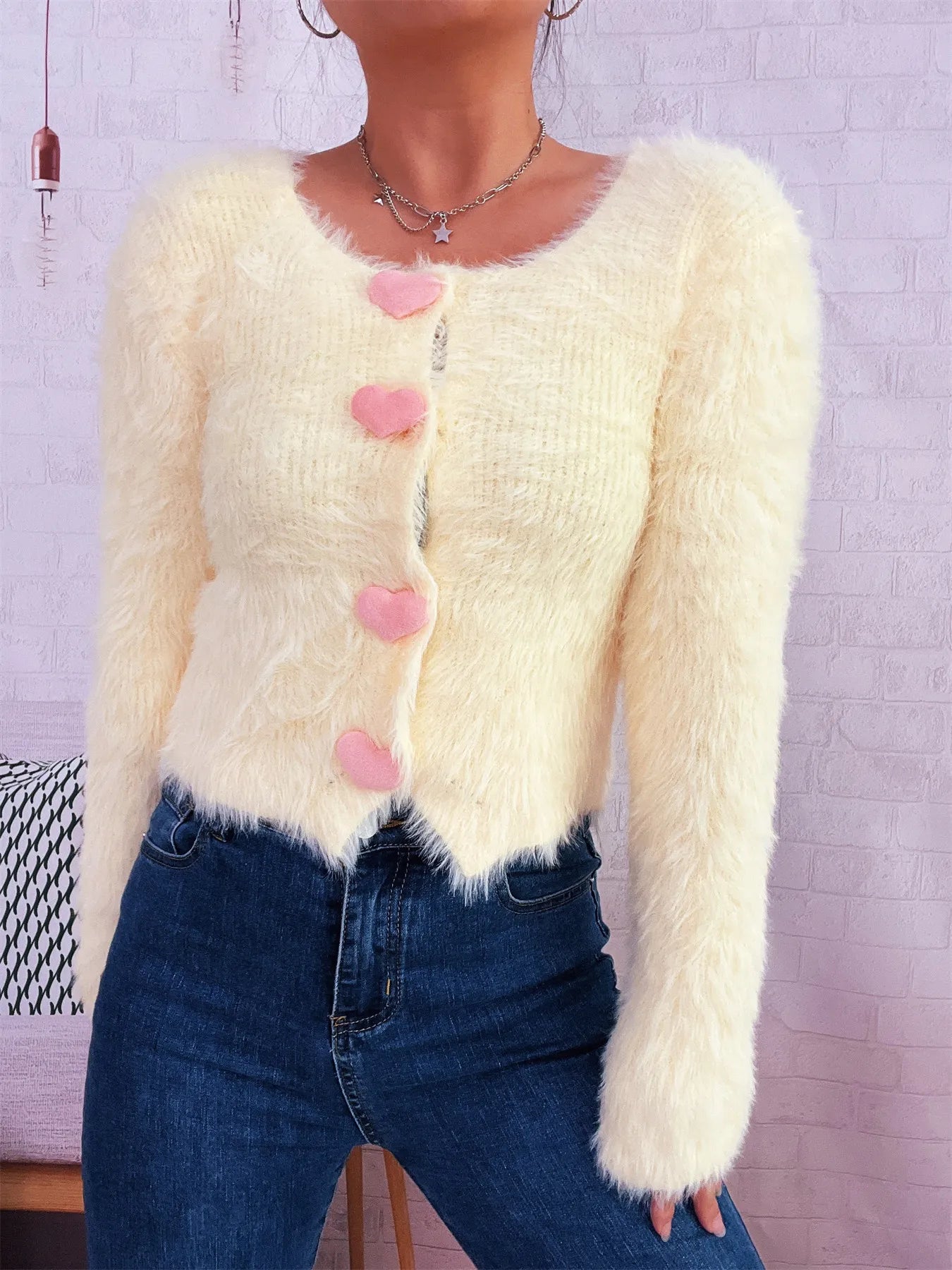 Fuzzy Heart Shape Button-Up Cardigan 995a2dd4c3e14197bf7eab550bdddb26-Max-Origin