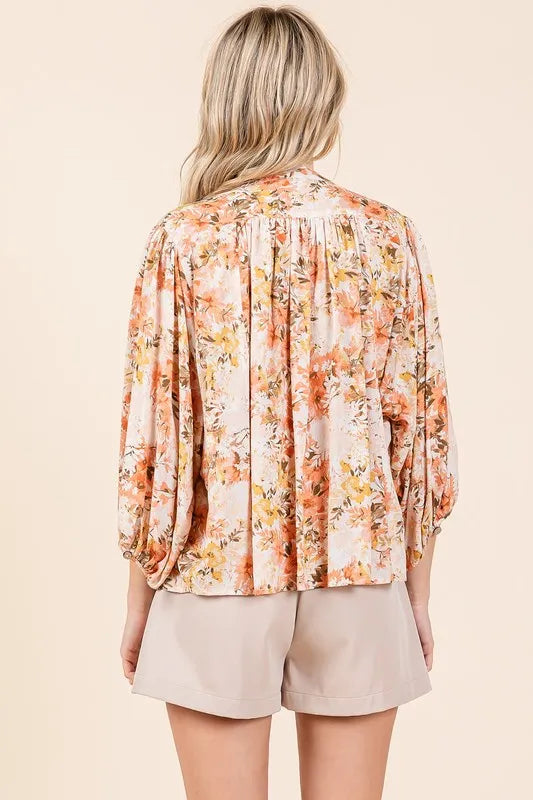 Mittoshop Flower Print Batwing Sleeve Button Down Blouse 9961652b-77f6-4e99-b9b1-3850af1fb90f-Max