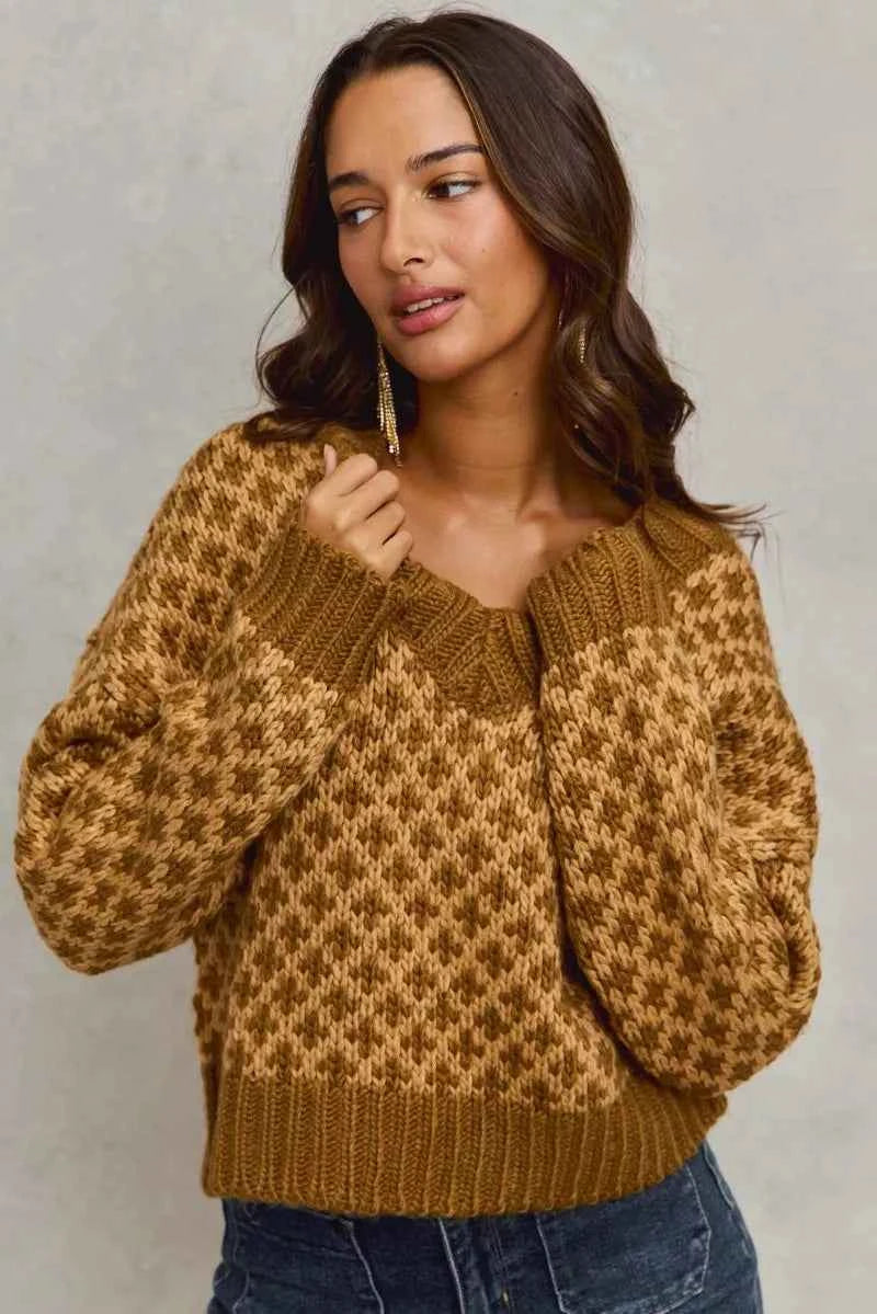 Color Block Textured Christmas Sweater V Neck Top CARAMEL BROWN 99678e0b78db45968d85d5e50ae0e96c-Max-Origin