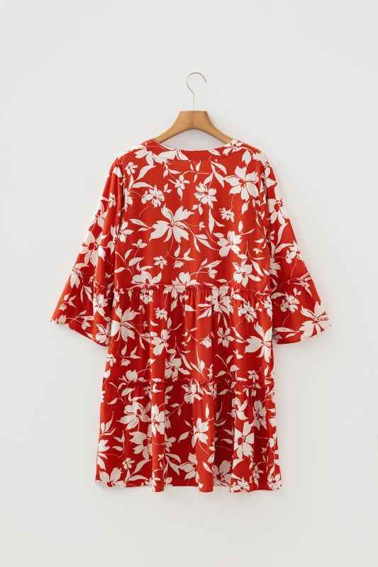 Boho Floral Lettuce Trim 3/4 Sleeve Mini Dress 996a568e-4ffc-413a-b282-5be4d870464d