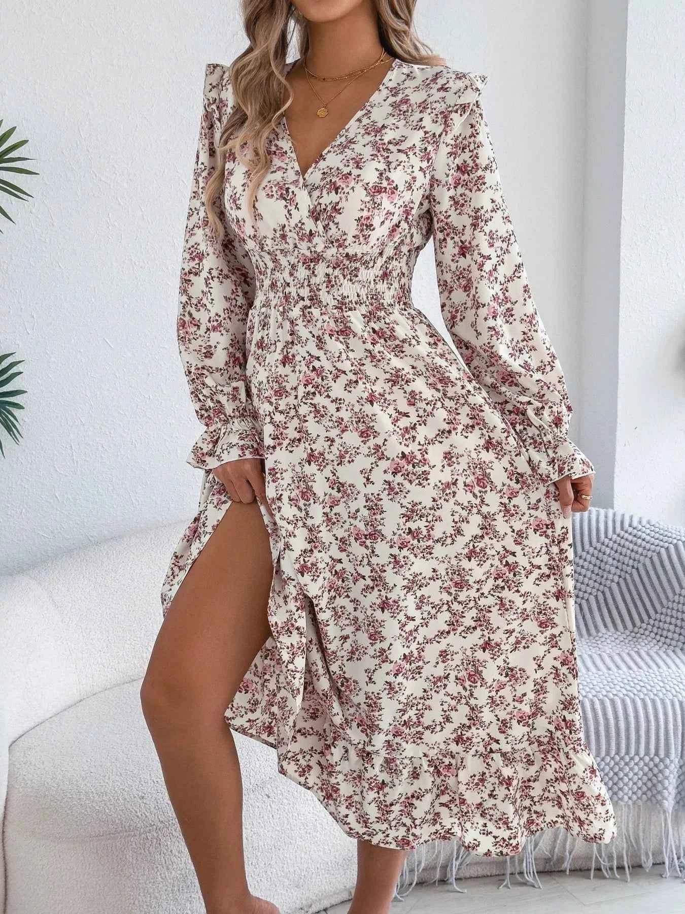 Ruffled Floral V-Neck Flounce Sleeve Dress 99764e94-10f7-4419-9253-ab451a8a51cf-Max-Origin