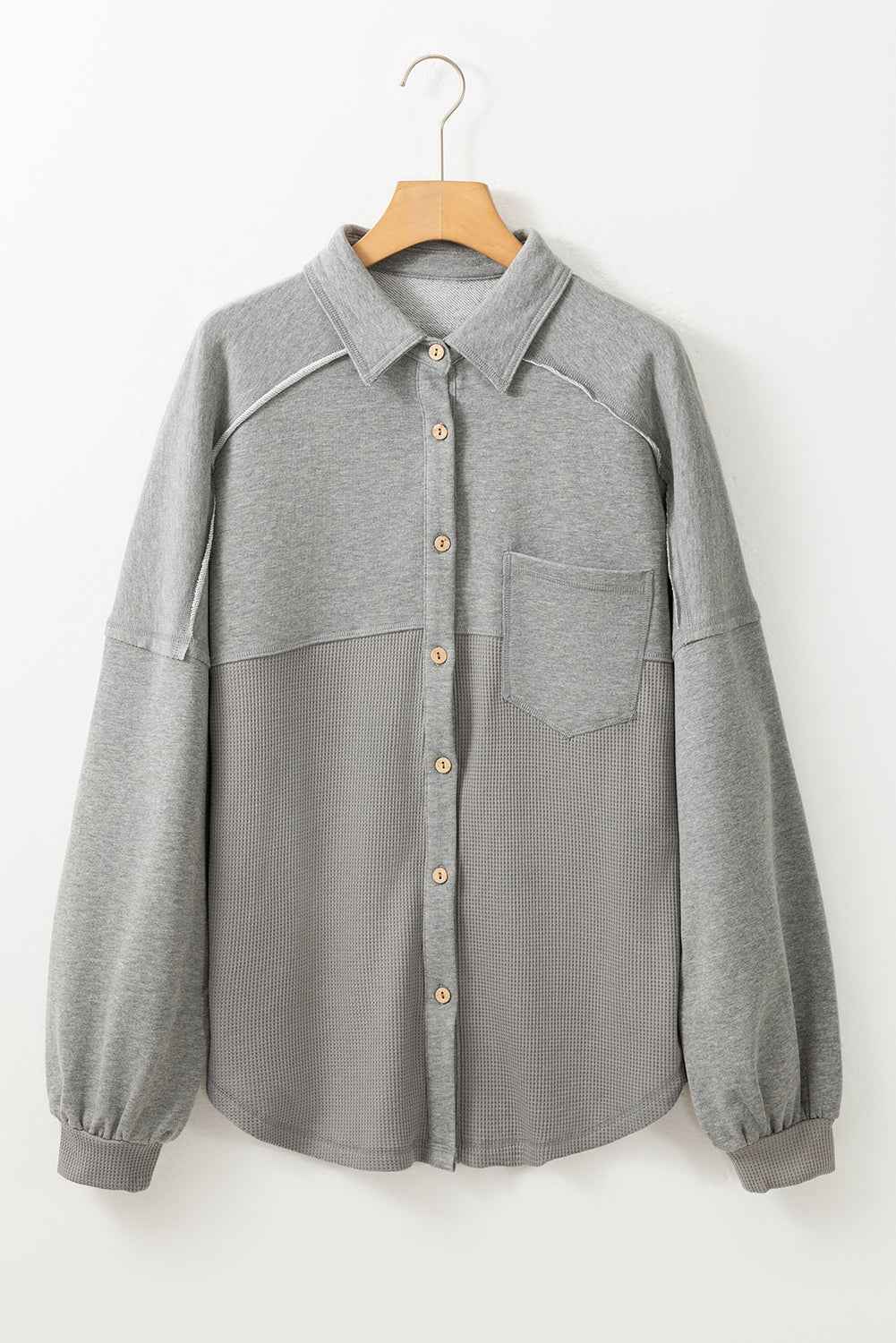 Medium Grey Waffle Knit Patchwork Exposed Seam Loose Shacket 99772bfd6cf1046a
