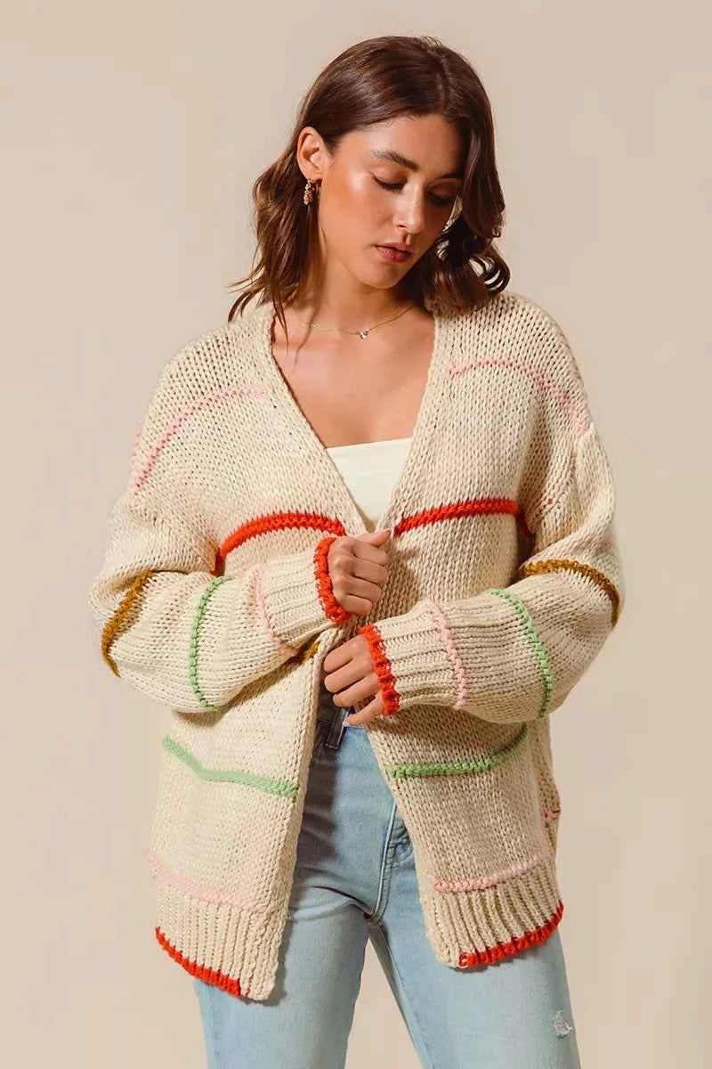 SO ME Loose Fit Multi Stripe Open Front Cardigan 9979722310be4c6db655991da77c2ab5-Max-Origin