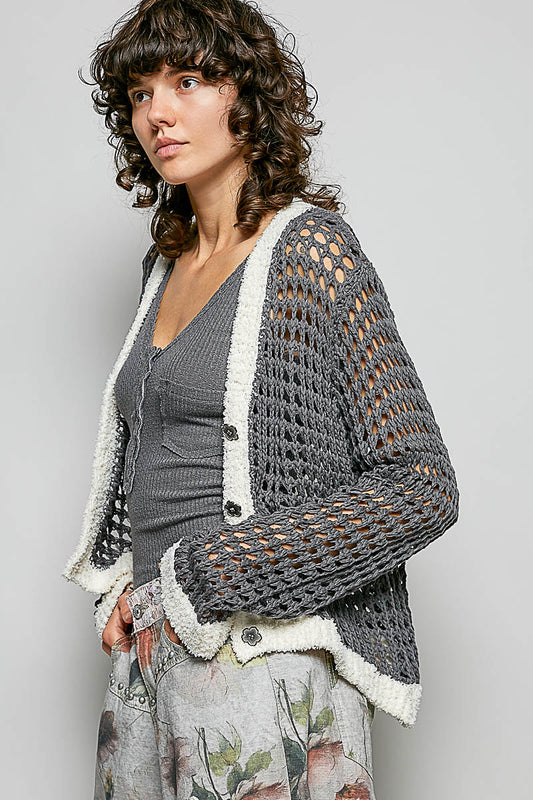 Openwork Contrast Cardigan with Floral Metal Button 997a20cc-2e8d-4dd1-803e-d7a3b7e9bfc4-Max