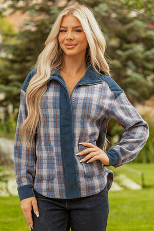 Gray Plaid Corduroy Patchwork Collared Zip Up Snap Button Jacket Gray 100%Polyester 997cb5f897810ab2